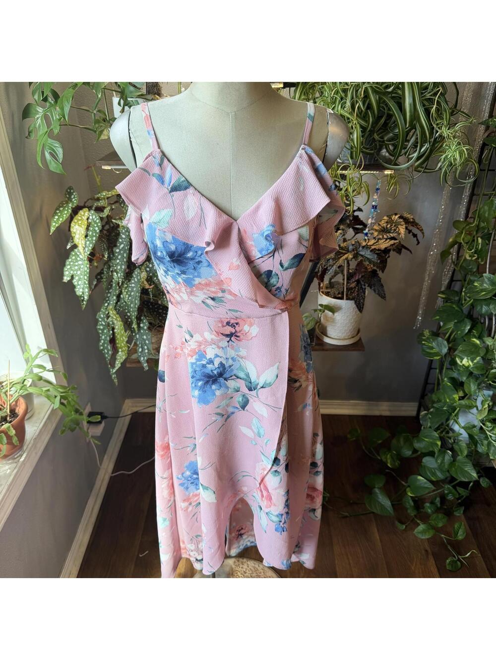 Pink Floral Ruffle Midi Dress with Spaghetti Straps